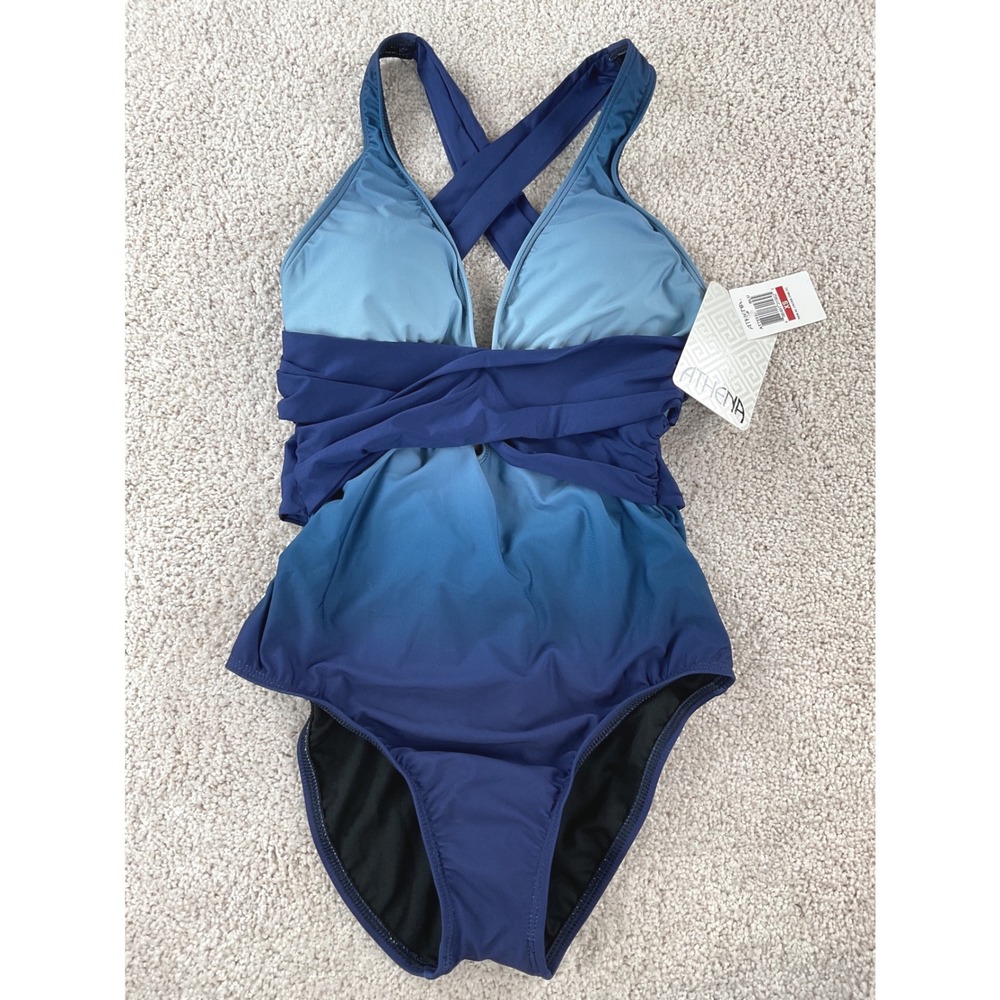 Athena Women Blue Ombre Cross Back One Piece Swimsuit‎ AT75538 XS New With Tags